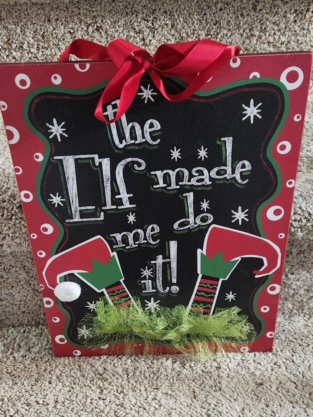 Red Elf Holiday Chalkboard Sign with Ribbon